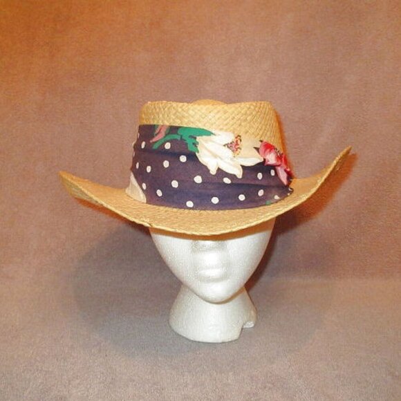 Vtg Stetson Women's Ace Straw Cowboy Hat Size L Floral Hatband Logo Pin Western - Picture 1 of 10